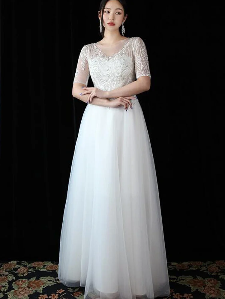 Elegant Sheer Neck Tulle Wedding Dress Floor Length Beads Short Sleeve Bridal Gowns
