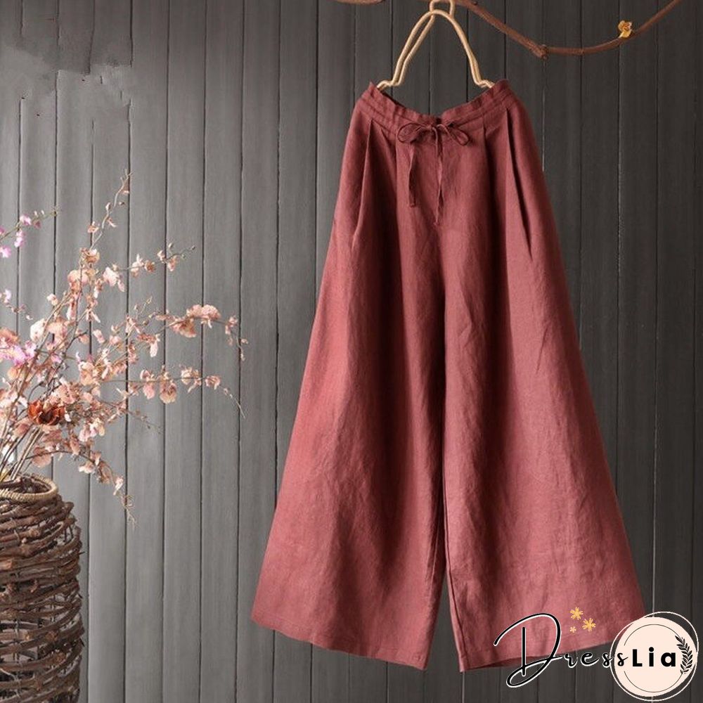 Women's Clothing Literary Flat-waist Lace-up Trousers Summer Casual Plus Size Pants for Women Retro Linen Wide-leg Pants