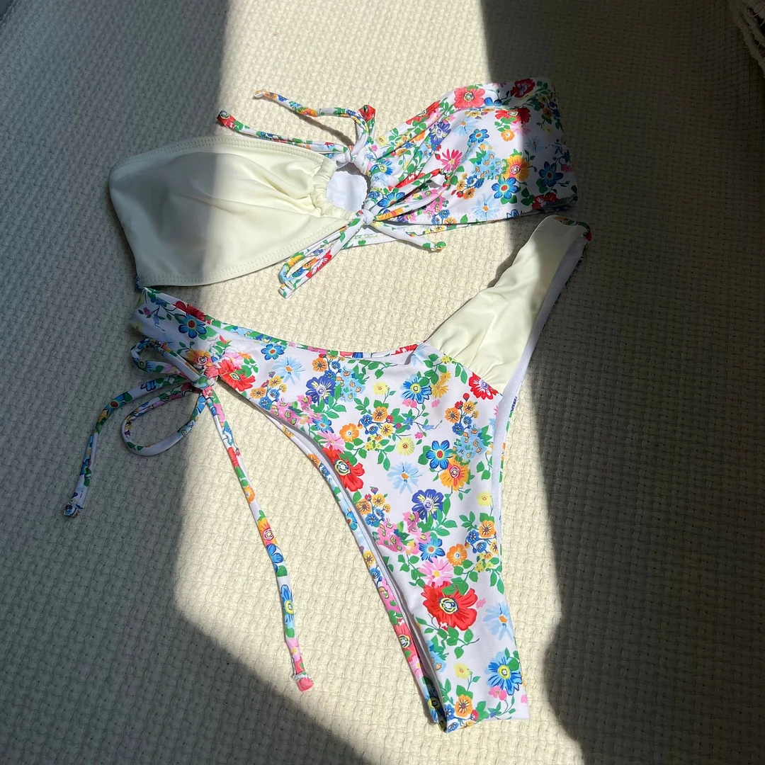 Zingj 2024 New Broken Flower Color Tie With Chest Small Fresh Sexy Swimsuit Bikini