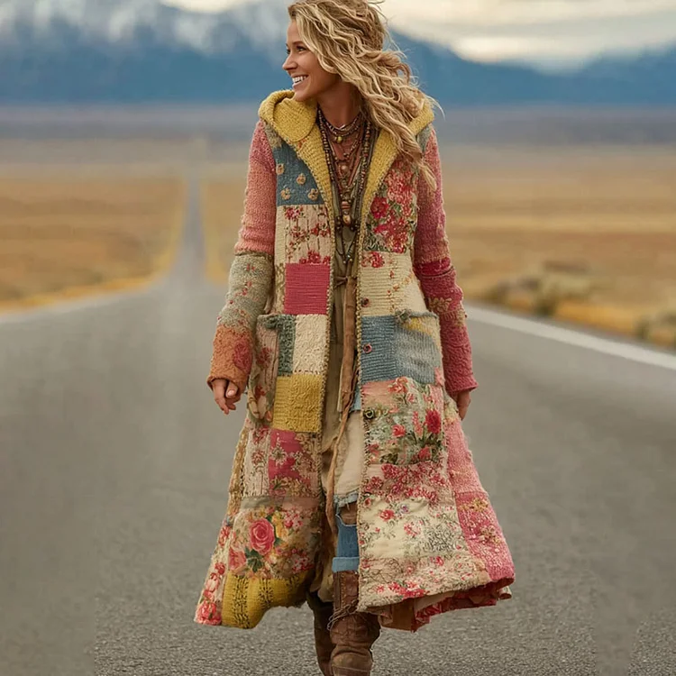 Women's Vintage Patchwork Floral Art Cozy Knit Hooded Long Cardigan