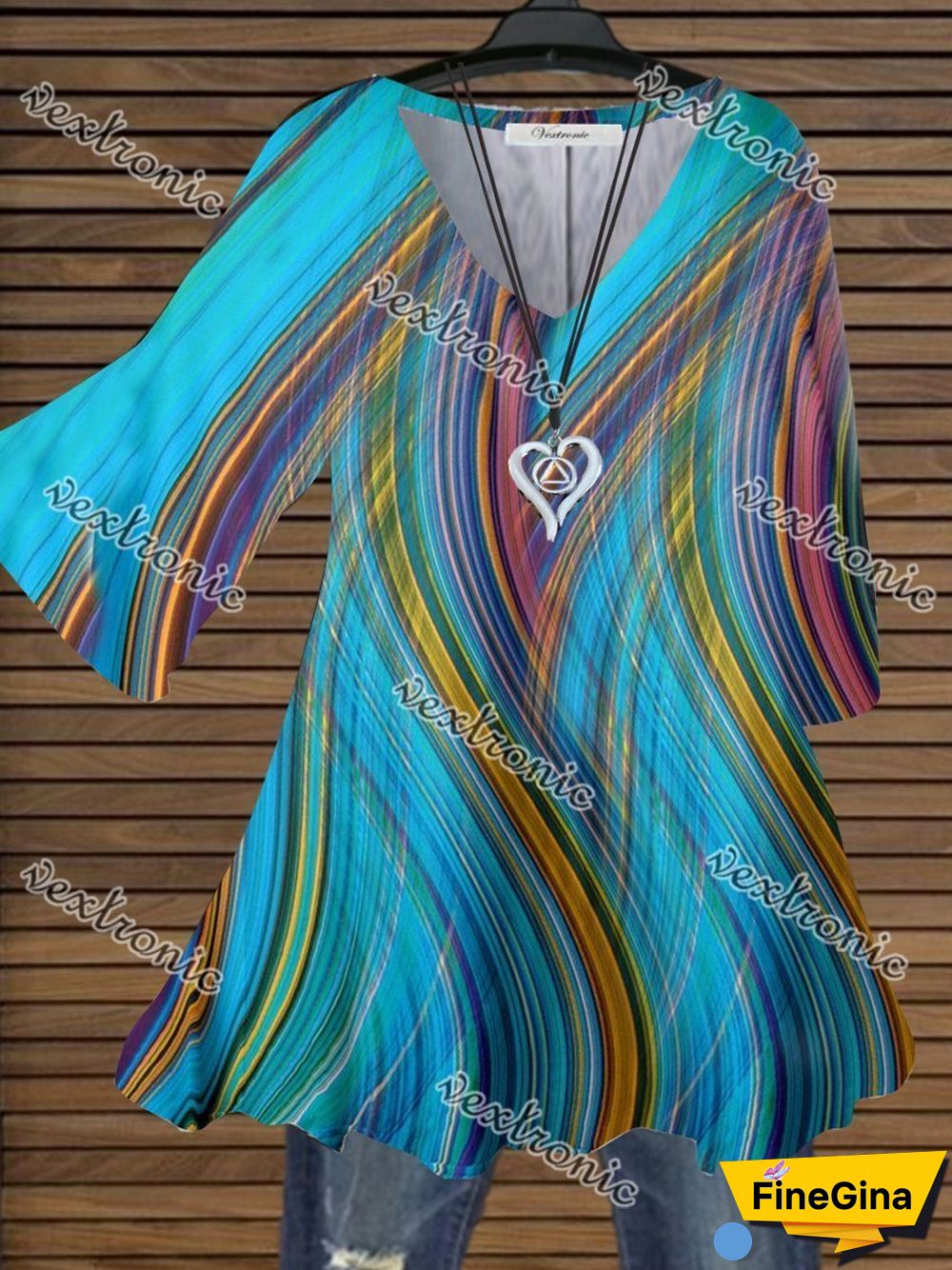 Women Half Sleeve V-neck Colorblock Striped Printed Top Dress