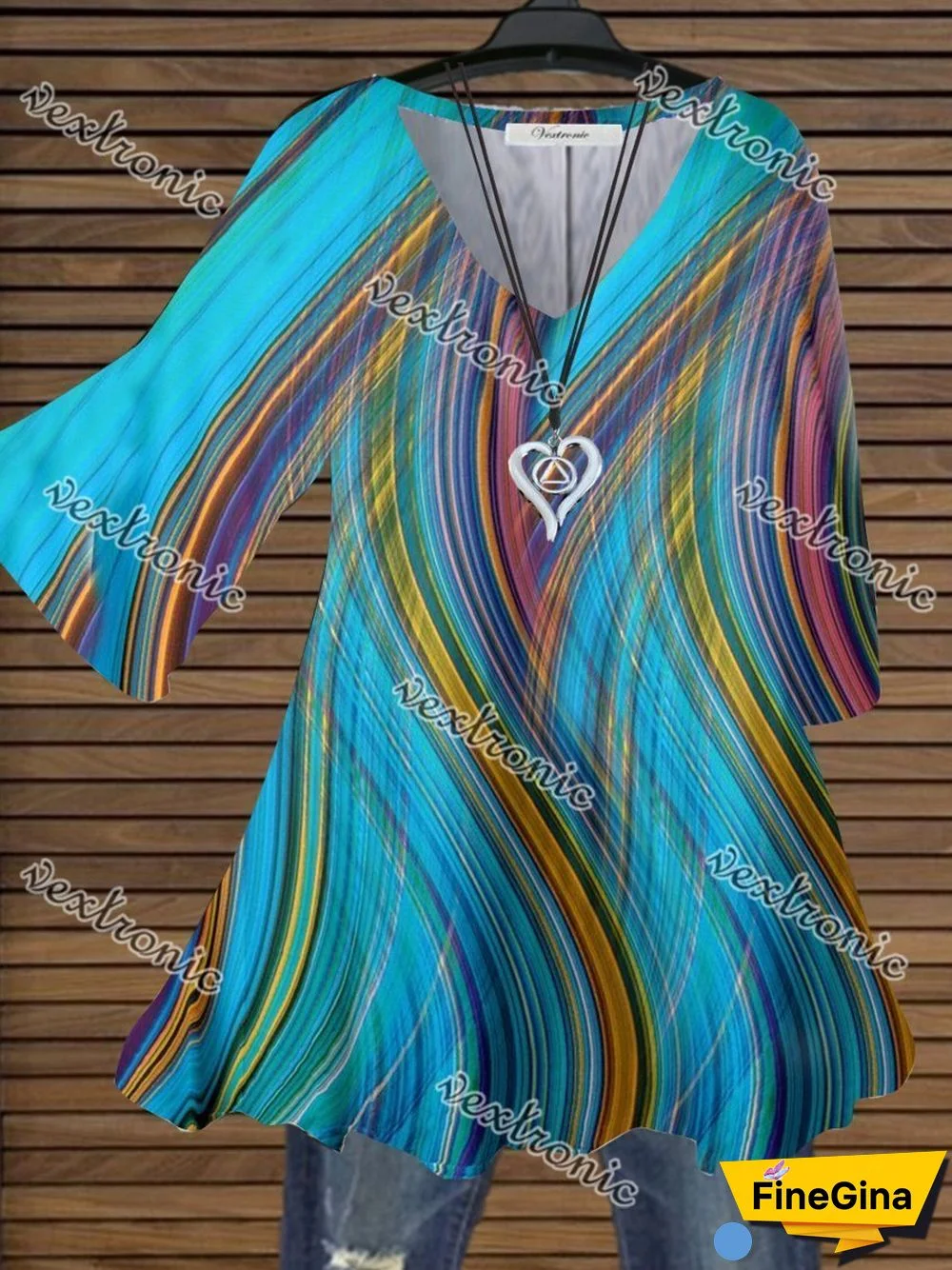 Women Half Sleeve V-neck Colorblock Striped Printed Top Dress
