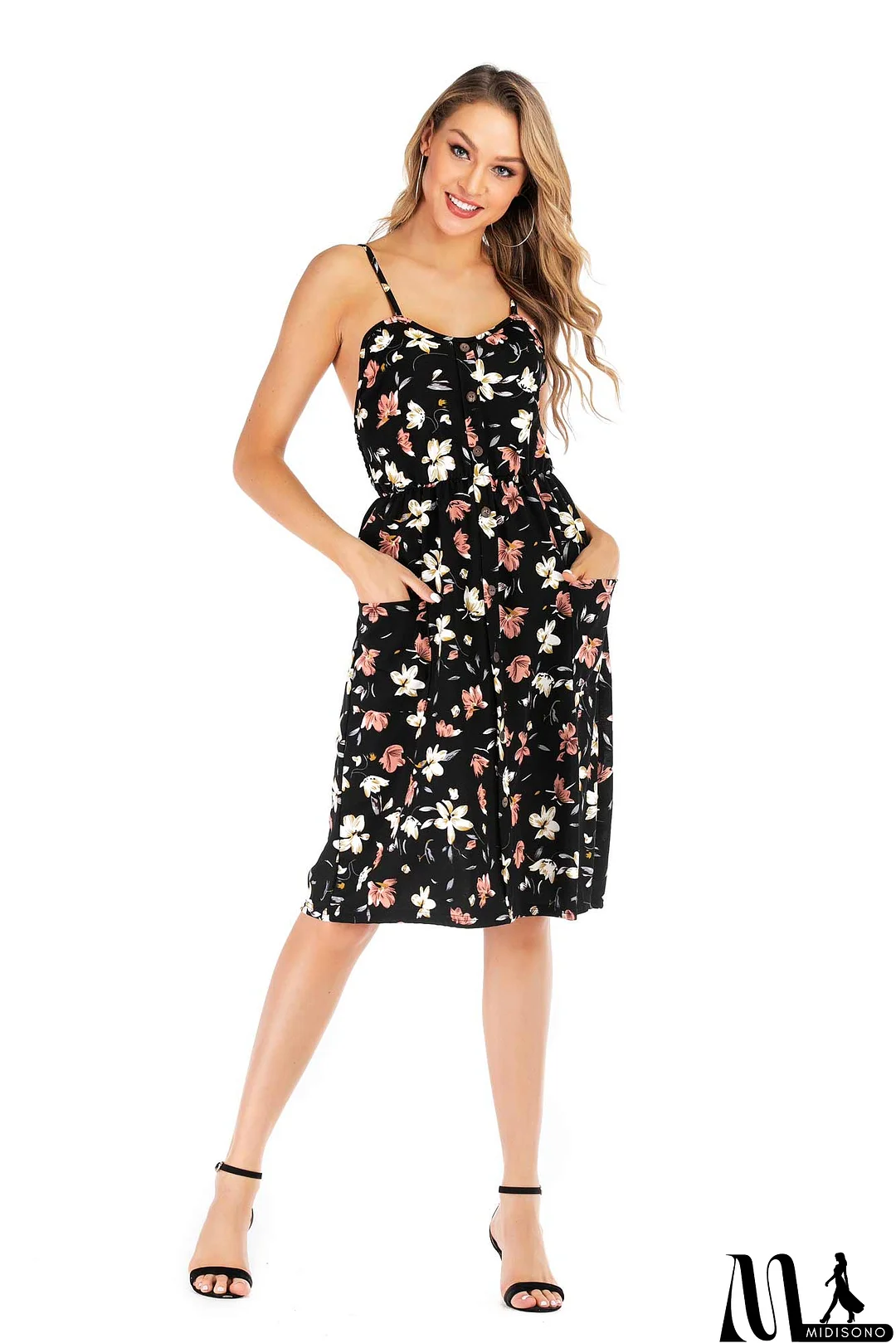 MidiSono - Floral Print Open Back Button Front Maxi Dress