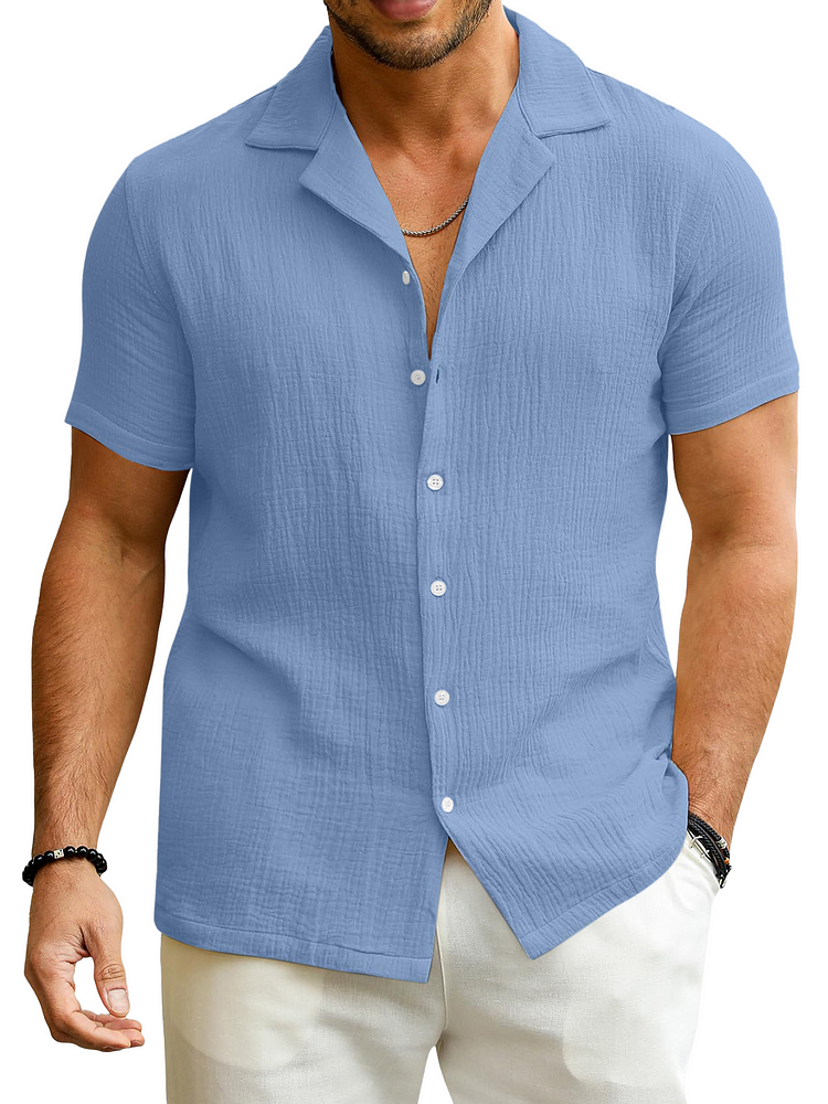 Men's Simple Solid Color Puff Wrinkle Comfortable Short-sleeved Shirt