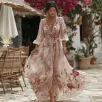 Women's Vintage Floral Embroidered Linen Blend Dress - Image 2
