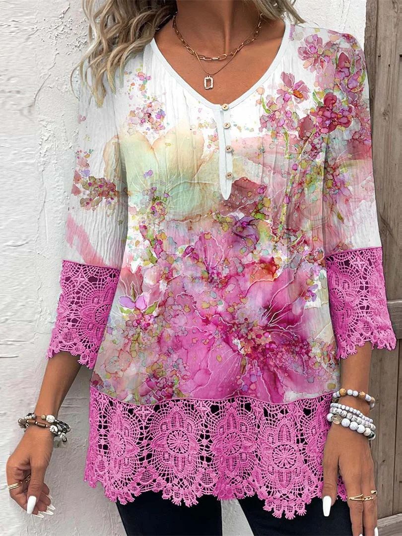 Women plus size clothing Women 3/4 Sleeve V-neck Floral Printed Graphic Button Lace Tops-Nordswear