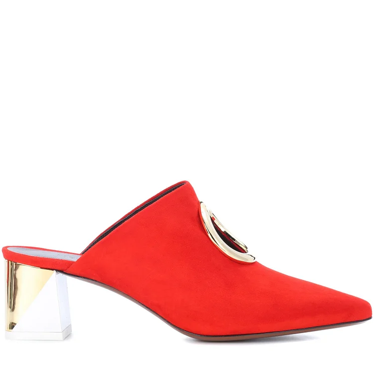 Red Round Toe Suede Hole Mule Block Heels US Size 3-15 |FSJ Shoes