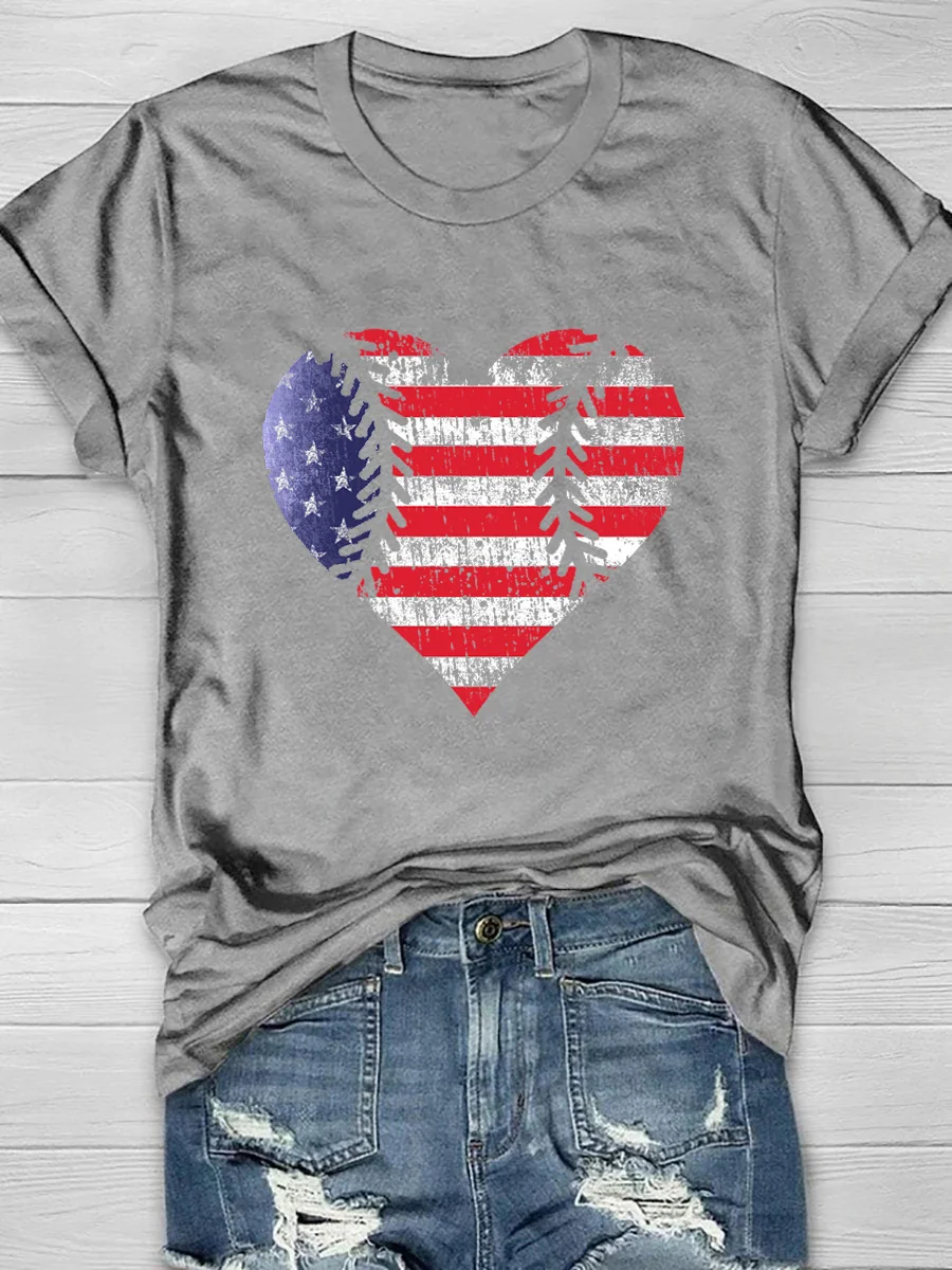 4th of July Baseball Heart Print Short Sleeve T-Shirt