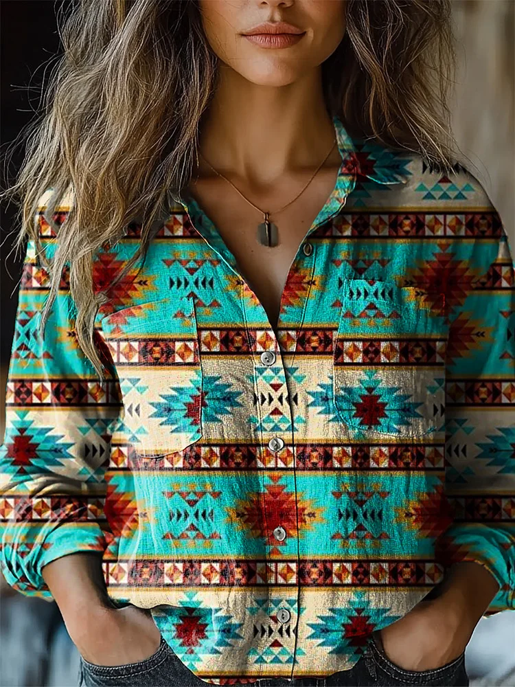 Western Pattern Art Graffiti Women's Print Casual Long Sleeve Comfortable Cotton Shirt