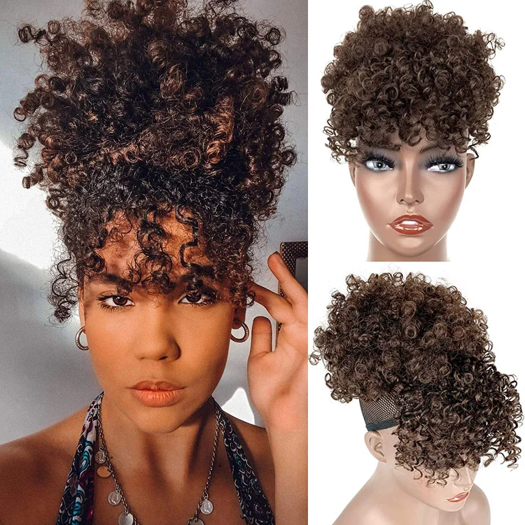 Gloden Blonde Afro Puff Drawstring Ponytail with Bangs Kinky Curly Hair Bun with Spring Curl Bangs Clip in Hairpieces