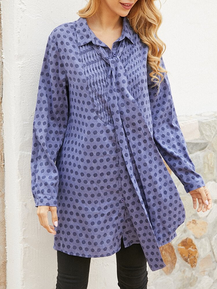 Bandage Polka Dot Pleated Long Sleeve Shirt For Women P1626390