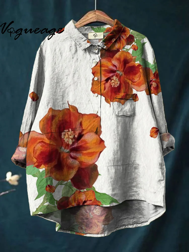 Elegant Generous And Comfortable Flowers Print Cotton And Linen Shirt