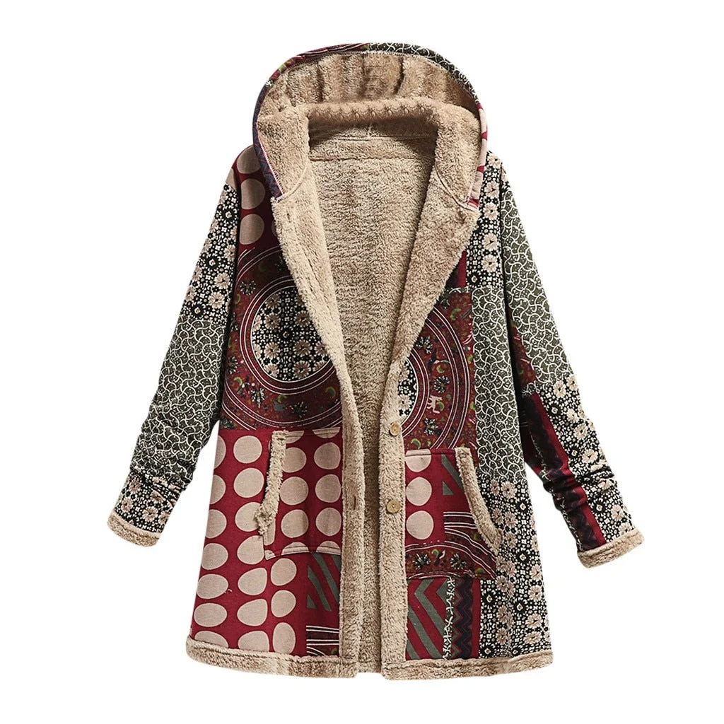 New Fashion Winter Vintage Women Coat Warm Printed Thick Fleece Hooded Long Jacket Ladies Outwear Loose OverCoat Women