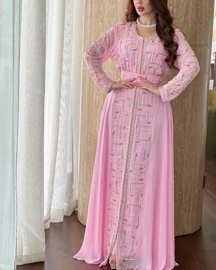  Pink traditional kaftan with embellishments-Comes with a belt