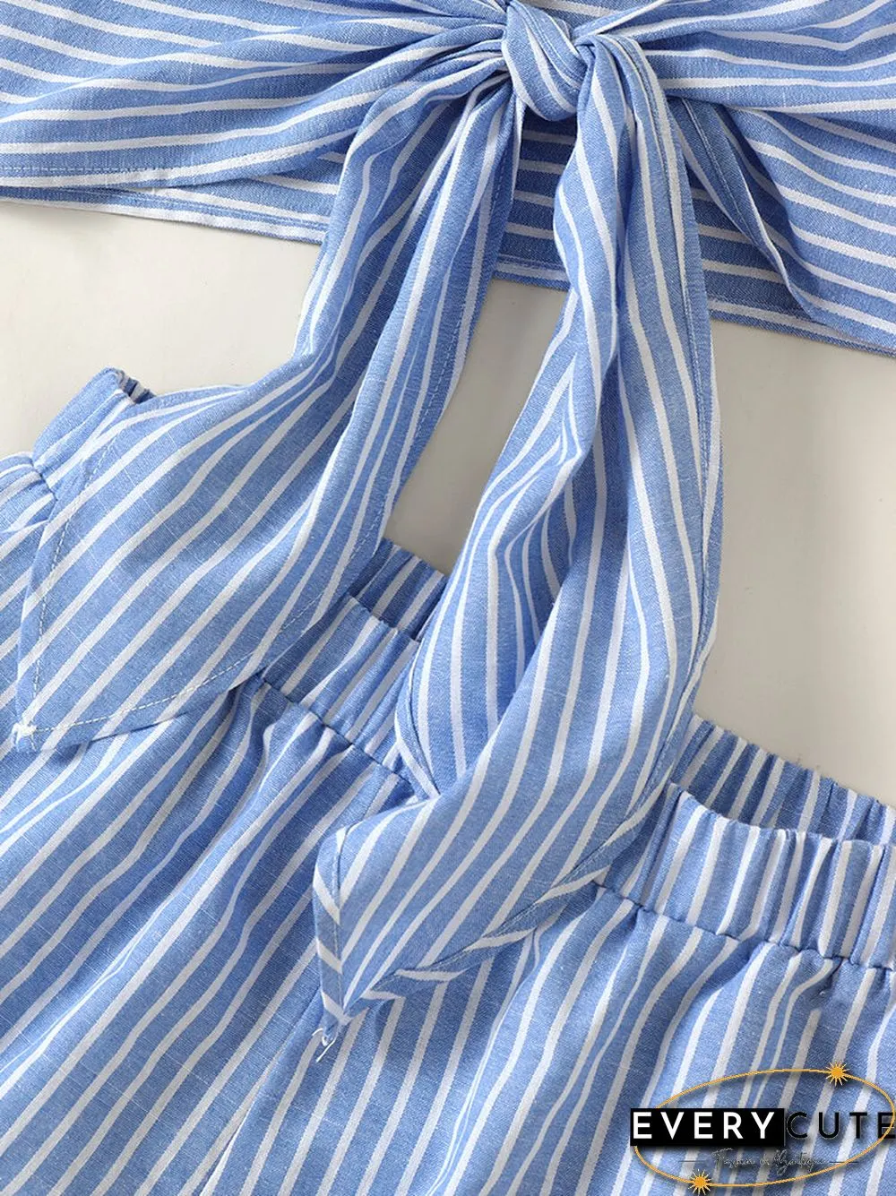 Selfsow Blue And White Stripe Tie Front Tube Pocket Two Pieces Suit