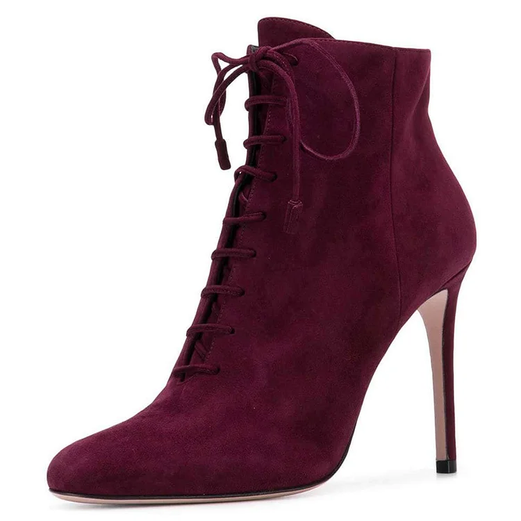 Burgundy Vegan Suede Stiletto Heel Lace Up Boots |FSJ Shoes
