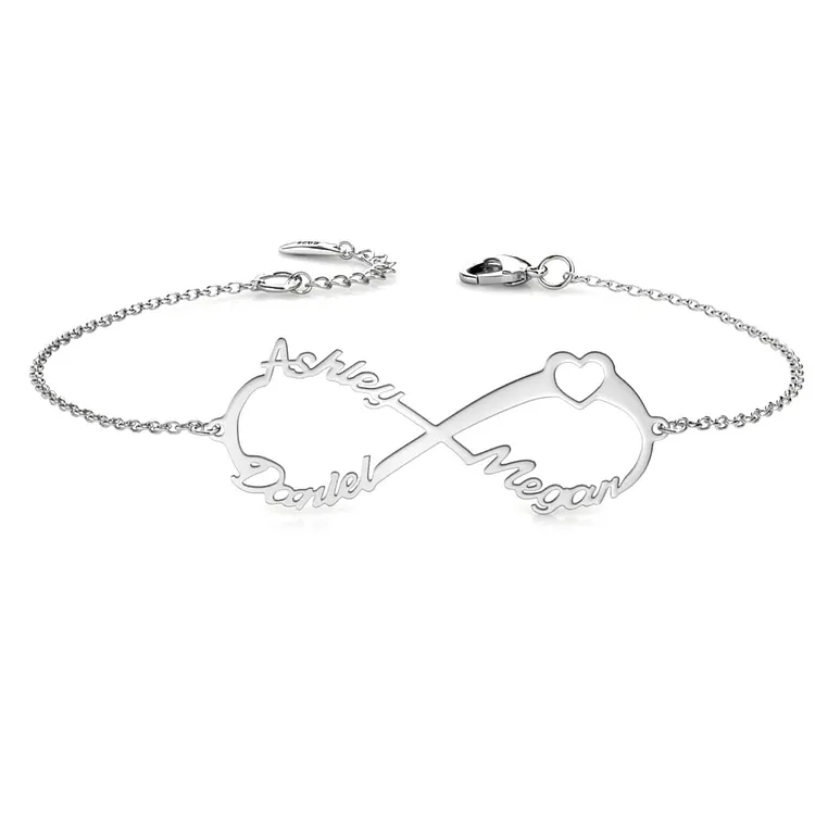 Bracelet Infini Personnalisé Couple - 2 Noms Gravés, Cuir Noir Pour Homme, Chaîne Rhodié Pour Femme