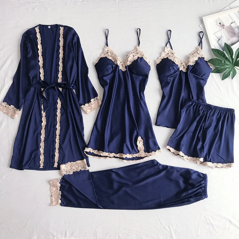 5PCS Pyjamas Set Women Satin Lace Nightwear Navy Blue V-Neck Pajamas Suit Spring Sleepwear Silky Sleep Wear Home Negligee