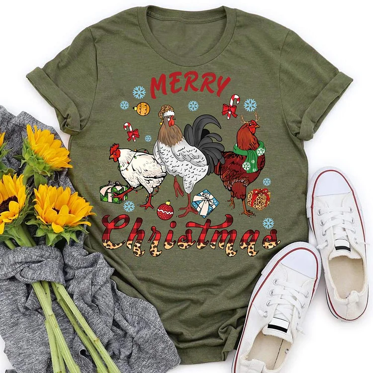 Merry Christmas Farm Chicken Round Neck T-shirt-0019200