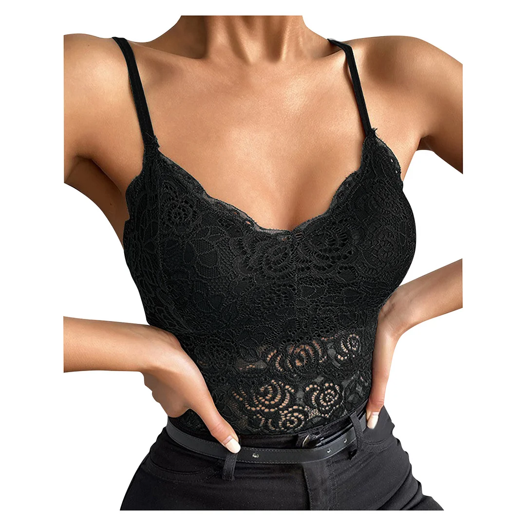 Solid Corset Lace Camis Tops For Women Soft V Neck Tops Hollow Sheer Lace Mesh Camisoles Bralette Spaghetti Strap Vest Female