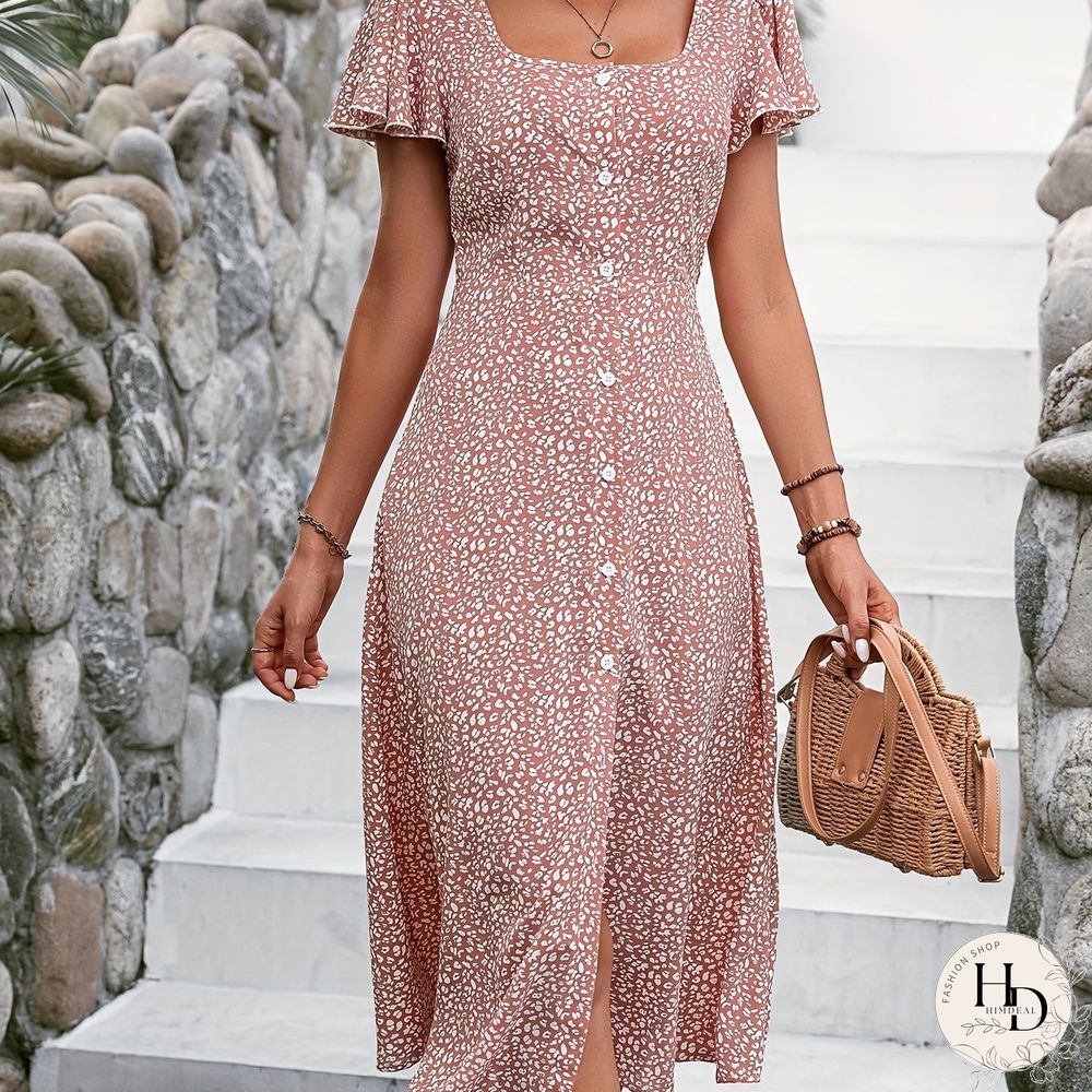 Floral Print Flutter Sleeve Dress, Elegant Square Neck Dress For Spring & Summer, Women's Clothing
