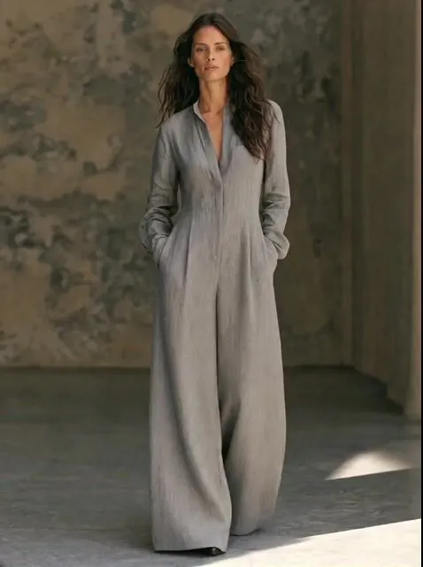 Women's Minimalist Long-Sleeve Wide-Leg Jumpsuit With Invisible Zipper