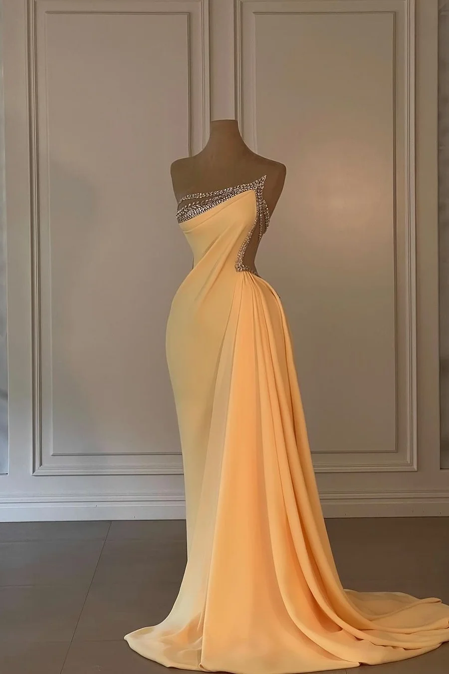 Lussooy Daffodil Fabulous Asymmetric Sleeveless Rushed Patchwork Evening Dress
