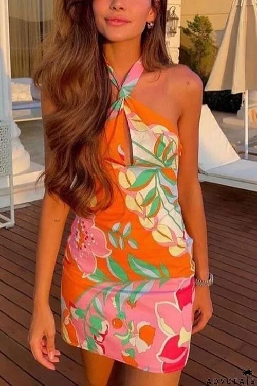 Print Halter Neck Backless Mini Dress