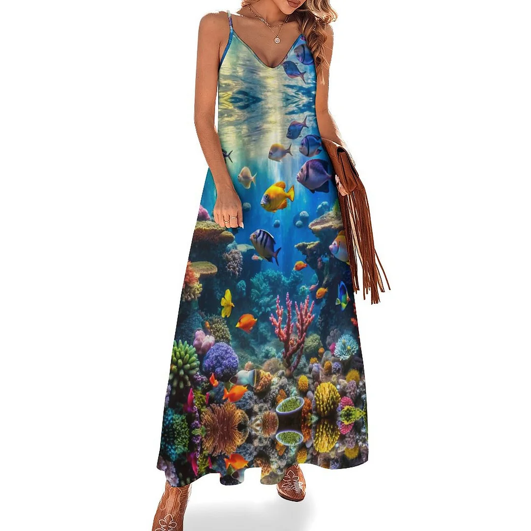 Style & Comfort for Mature Women Plus Size Printed Sling Casual Women Maxi Dress in Pattern Ocean, Blue, Sea, Fish