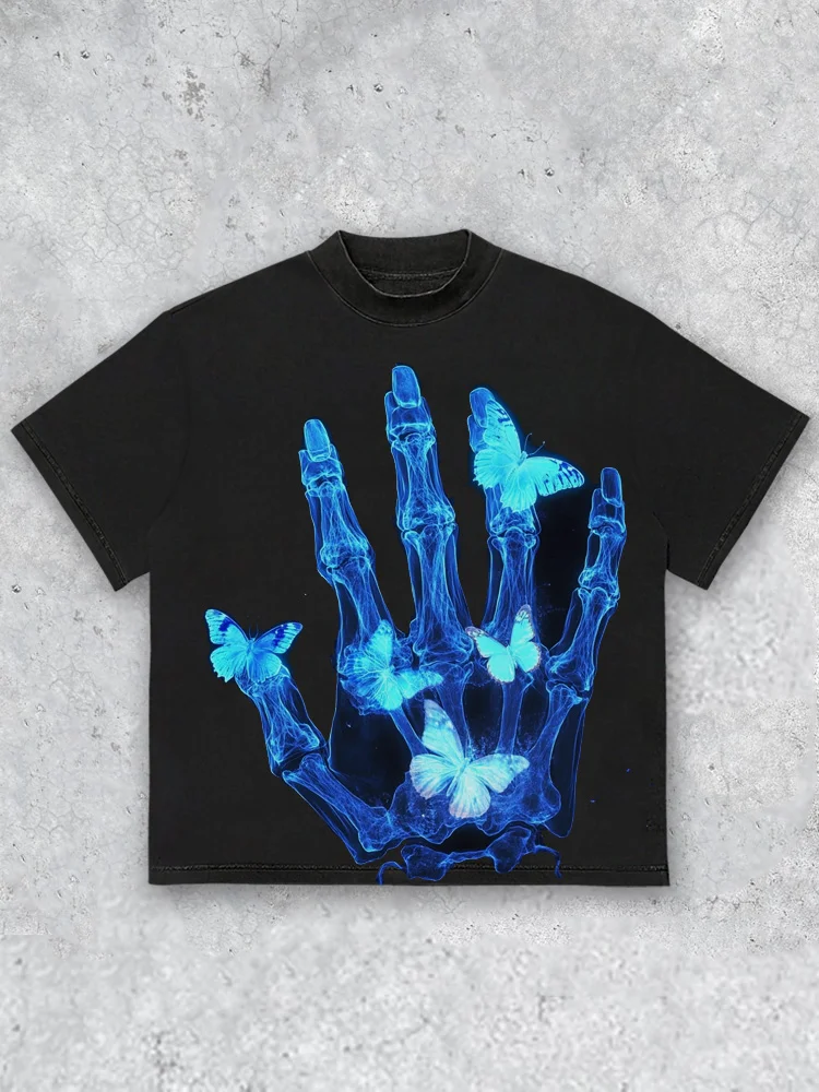 Skeleton And Butterfly Cotton Short Sleeved T-shirt