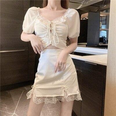 Summer Lace Patchwork White 2 Piece Sets Womens Outfits Crop Top Korea Short Sleeve Casual Women Strappy Blouses+Mini Skirt - Shop Trendy Women's Fashion | TeeYours