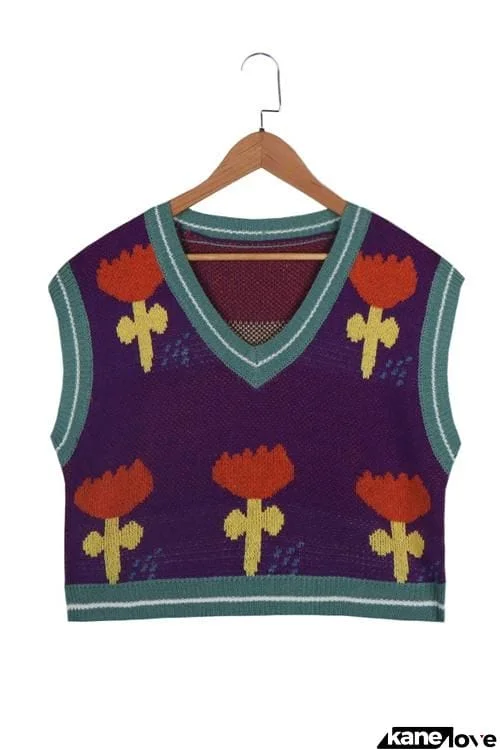 Flower V Neck Sweater Vest