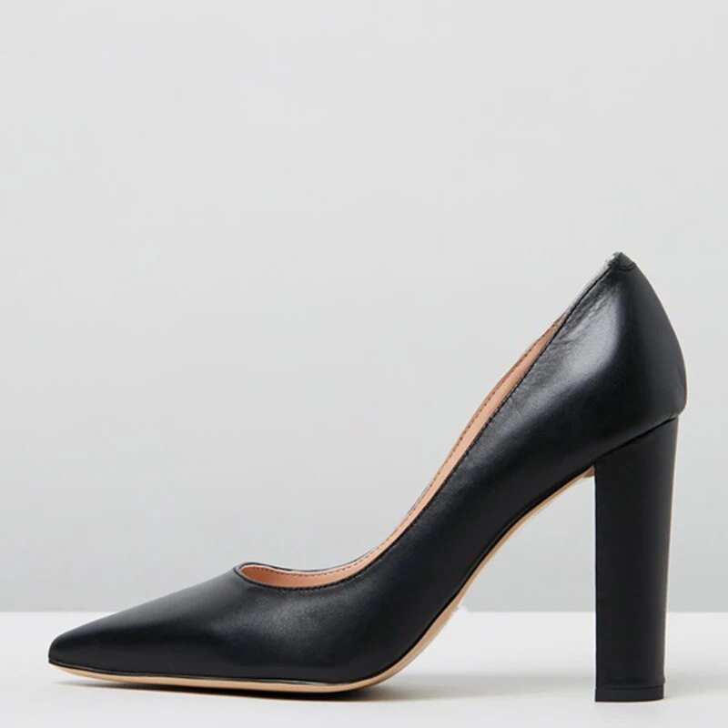 TAAFO Black Nude High Chunky Heels Pointed Toe Pumps Woman Cow Leather For Office Ladies Shoes 