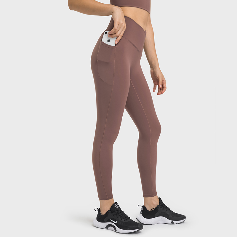 Shop no camel toe quick dry bubble peach butt lifting naked feeling skin friendly cross waist yoga pants with phone pockets online on Hergymclothing Smoky Brown