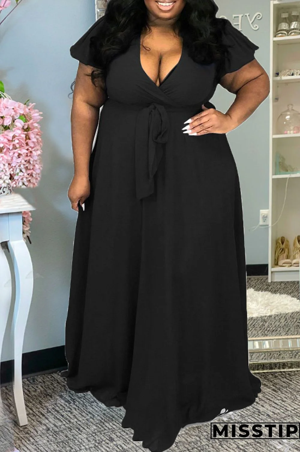 Black Casual Solid Patchwork Frenulum V Neck Short Sleeve Dress Plus Size Dresses
