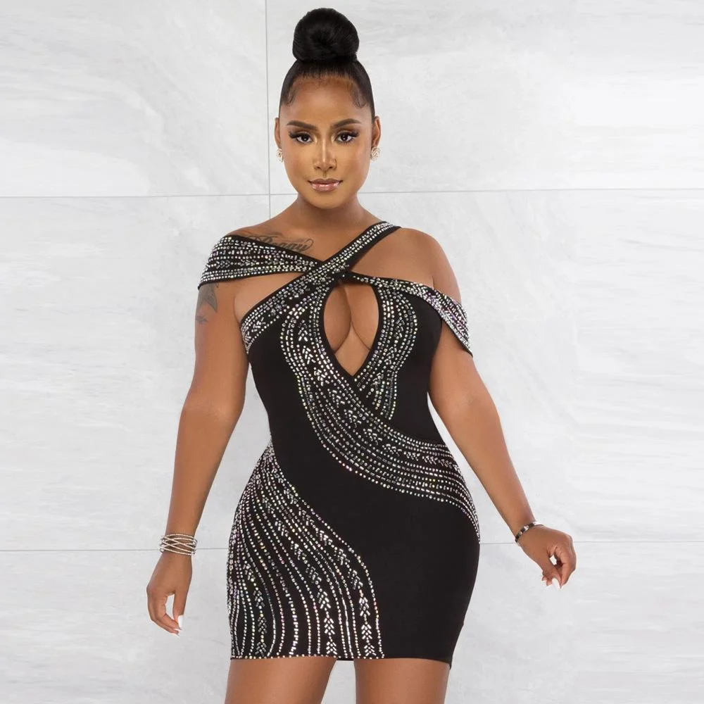 Neosepa-Cross Straps Off Shoulder Hollow Rhinestone Skinny Mini Dress
