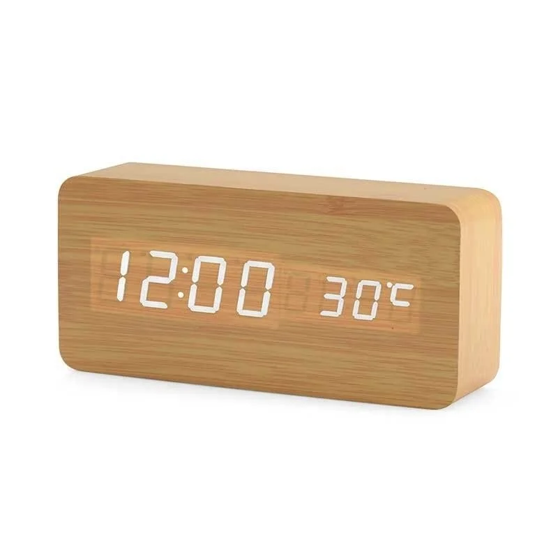 LED Digital Alarm Clock Wooden Watch Table Voice Control Digital Wood Despertador USB/AAA Powered Electronic Desktop Clocks