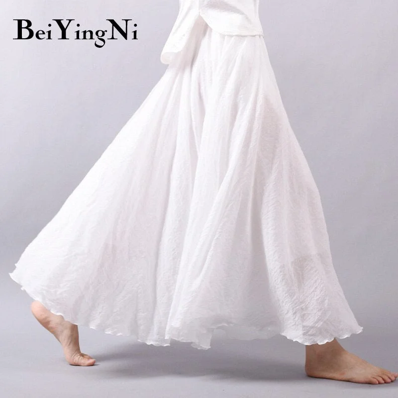 Beiyingni Linen Cotton Vintage Skirt Women Solid Beach Boho Pleated Maxi Skirts Summer Fashion Retro Elastic Waist Saia Faldas