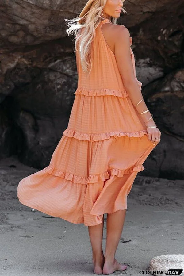 COTTON BLEND POCKETED TIERED MIDI DRESS