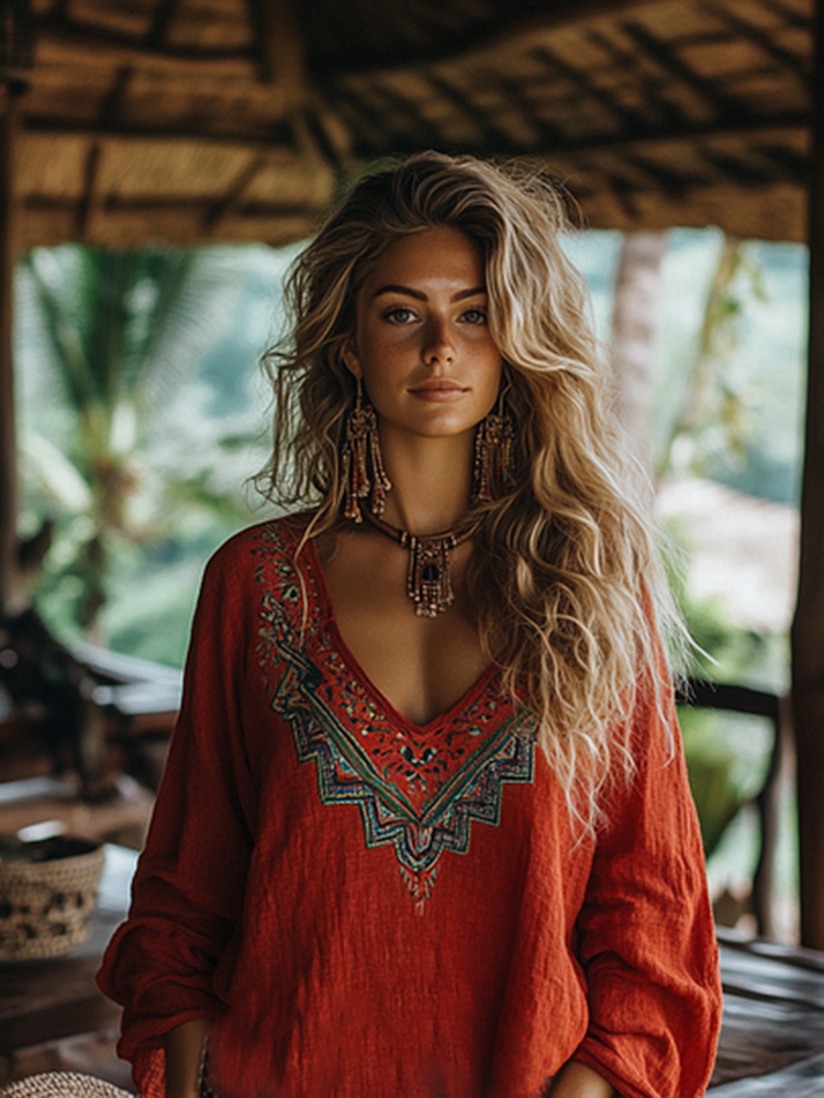 Comstylish Retro Boho Tribal Art Embroidery Print Cotton And Linen V-neck Loose Shirt