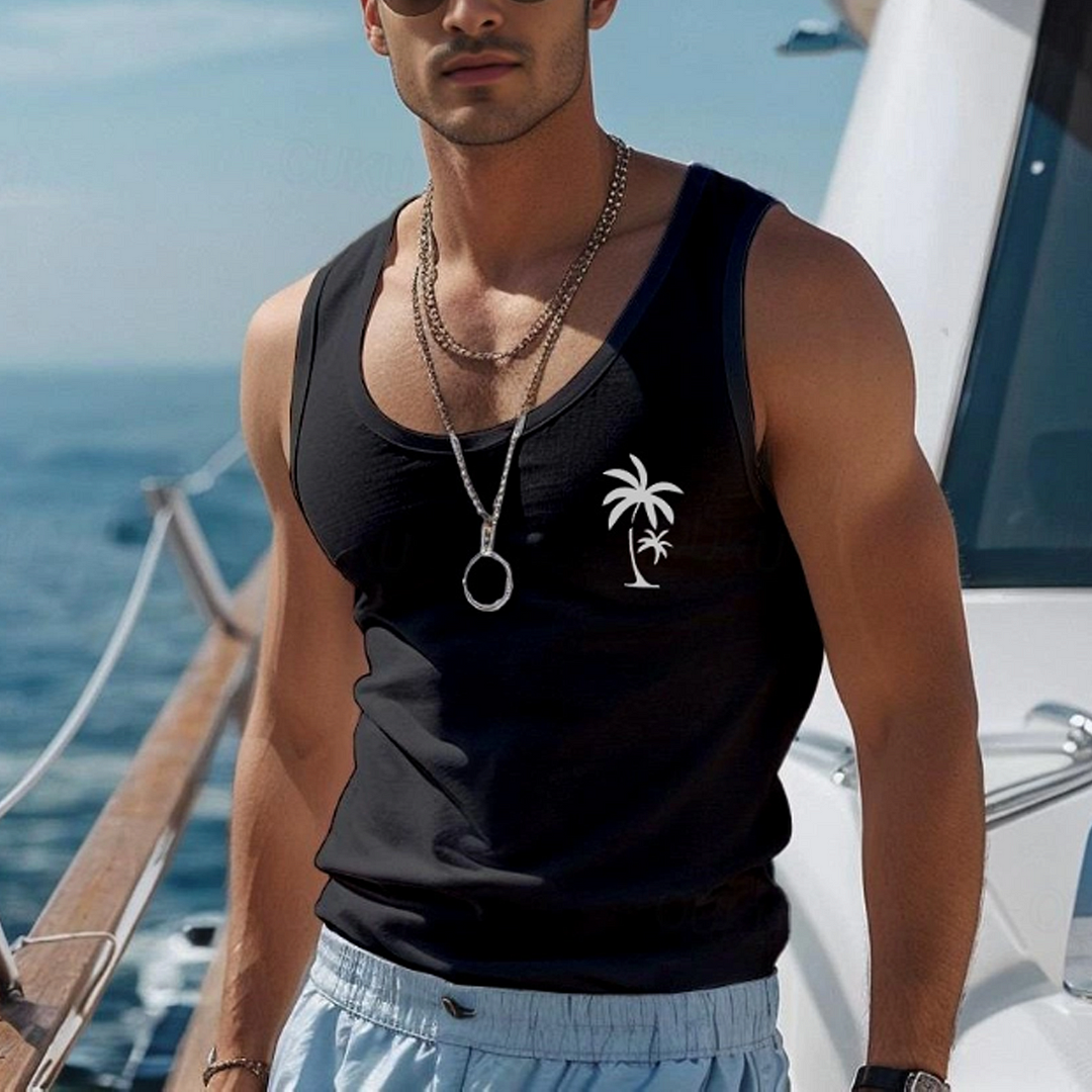 Stylish Black Tank Top with Palm Tree Design for Summer