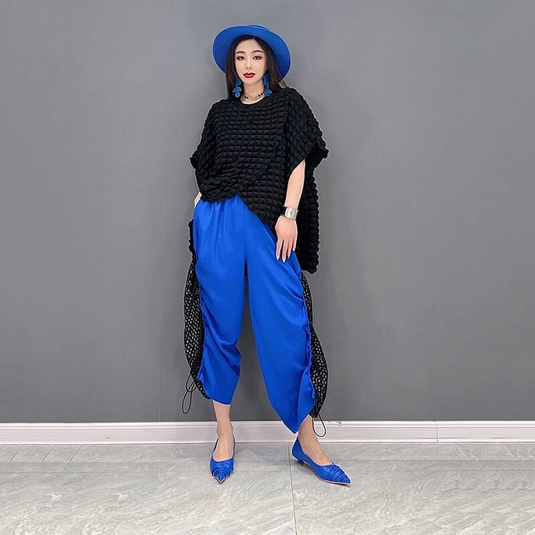 Loose Solid Color Wrinkled Batwing Sleeve Top And Mesh Patchwork Pants Two Piece Set           