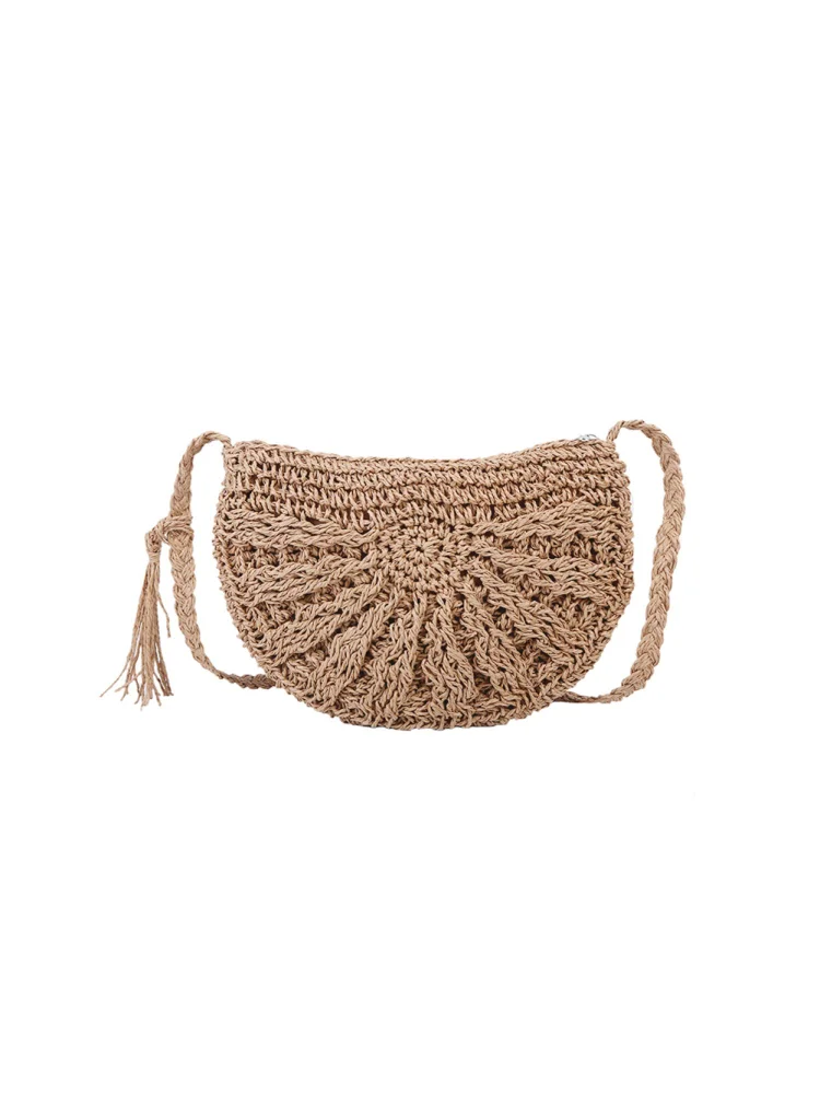 Women Retro Straw Rope Woven Mini Purse Beach Shoulder Bags (Light Brown)