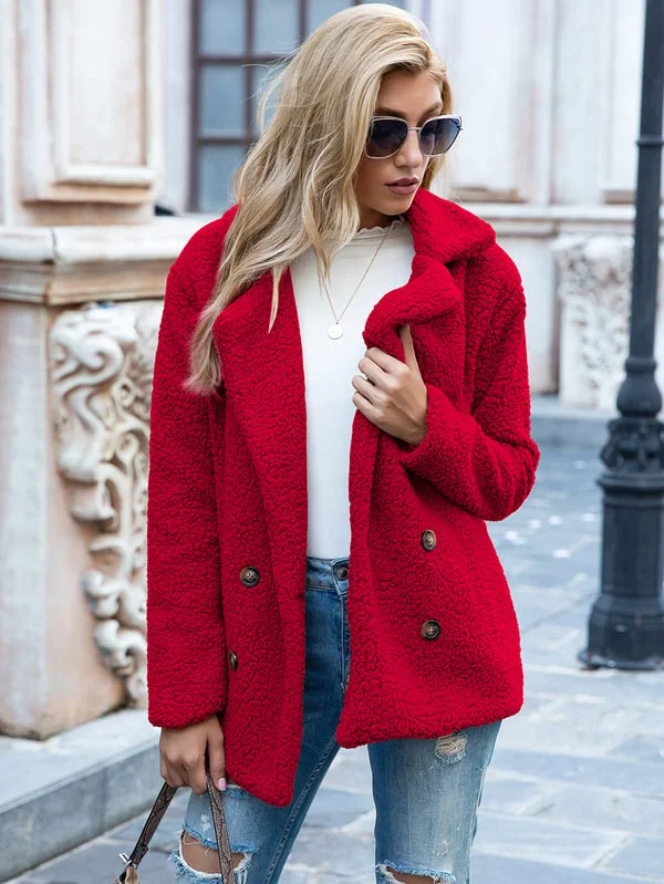 Solid Color Women Teddy Fleece Button  Loose Warm Coat