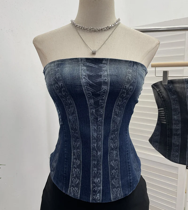 Churchf Vintage Denim Print Strap-On Corset Tsets Tsets Tsets Tsets Sleeveless Short Tops