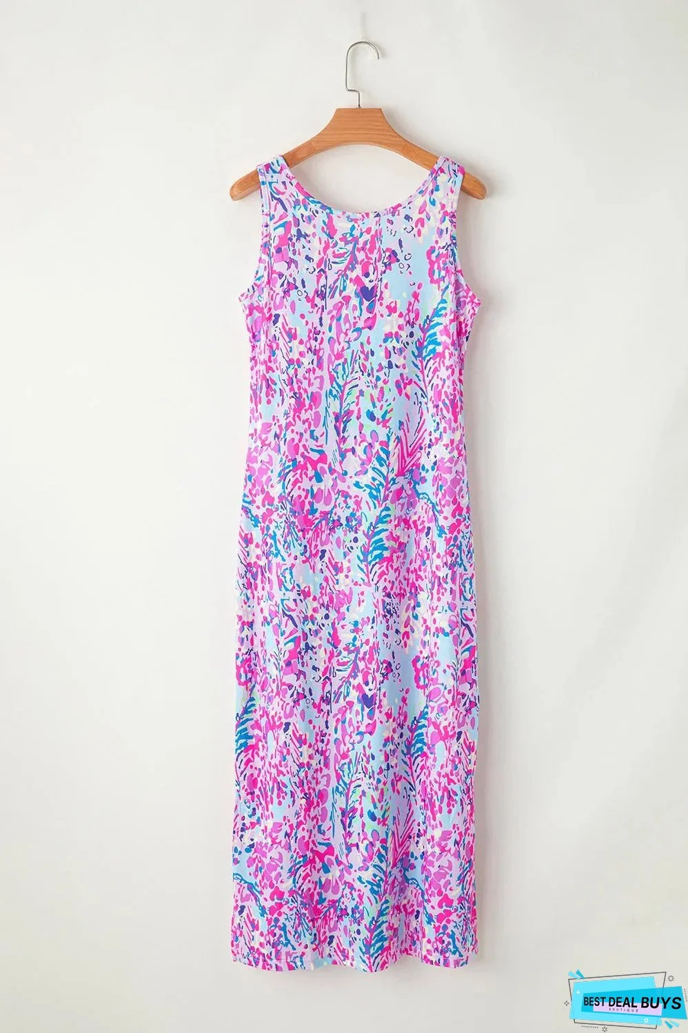 Purple Abstract Floral Print Sleeveless Maxi Dress