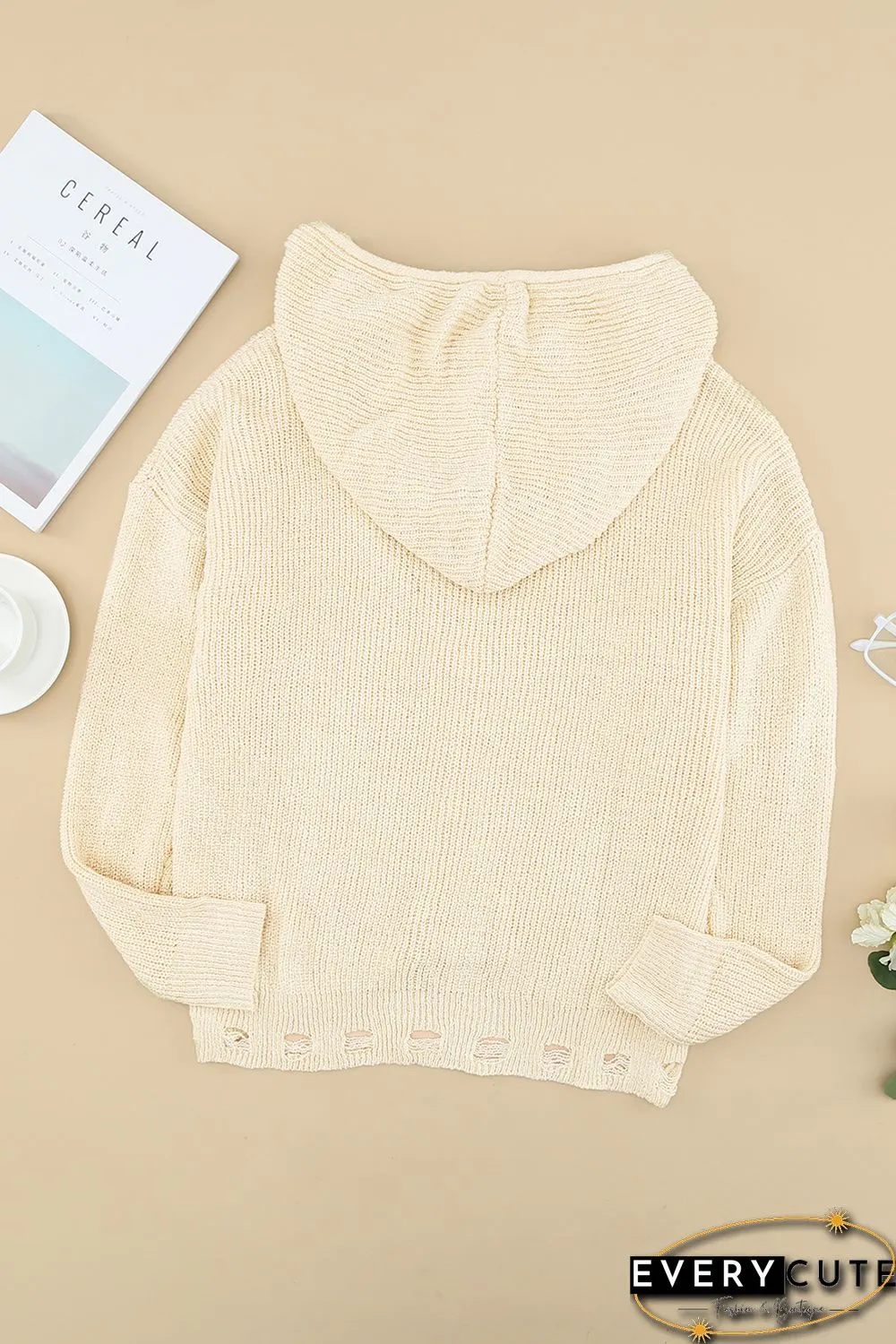 Zipper V-neck Dropped Sleeve Hooded Solid Sweater