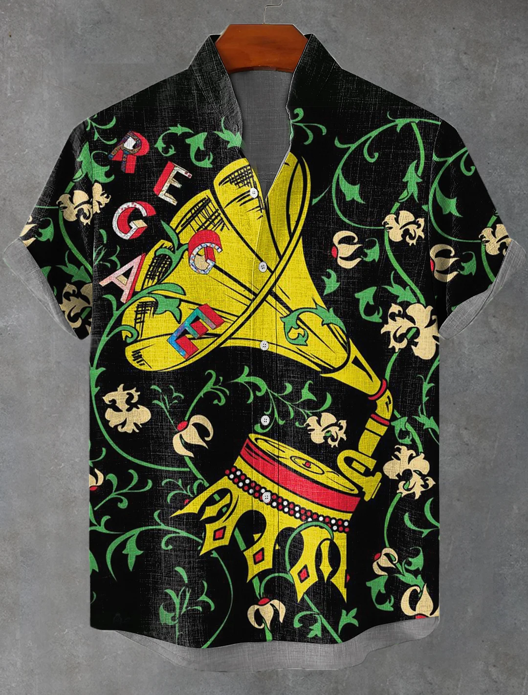 Men's Black Fun Reggae Music Art Printed Linen Blend Casual Shirt