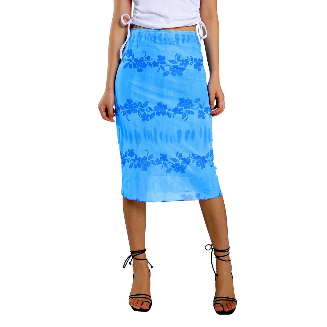Fashion Summer Women Boho Beach Casual Style Skirts Female High Waist Floral Printing Orange Midi Skirt Party Holiday Clothing
