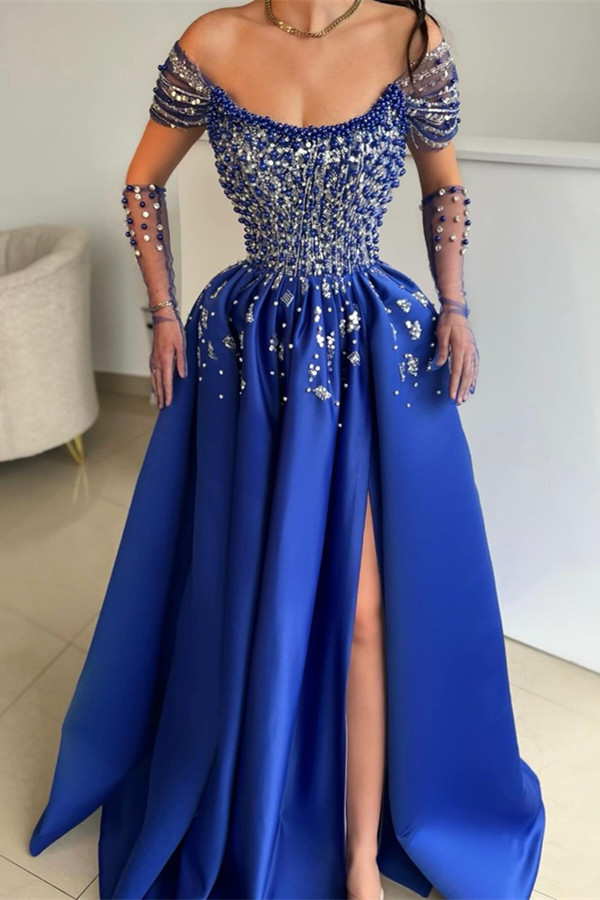 Bellasprom Royal Blue Off-the-Shoulder Long Sleeves Party Dress Long With Beads Pearls Bellasprom